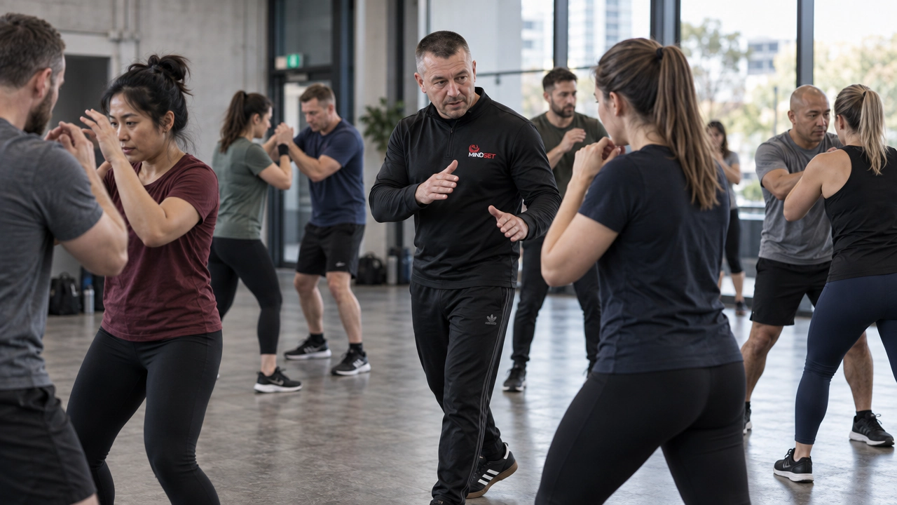 Mixed group practising self-defence techniques during a MINDSET Australia-wide workshop.