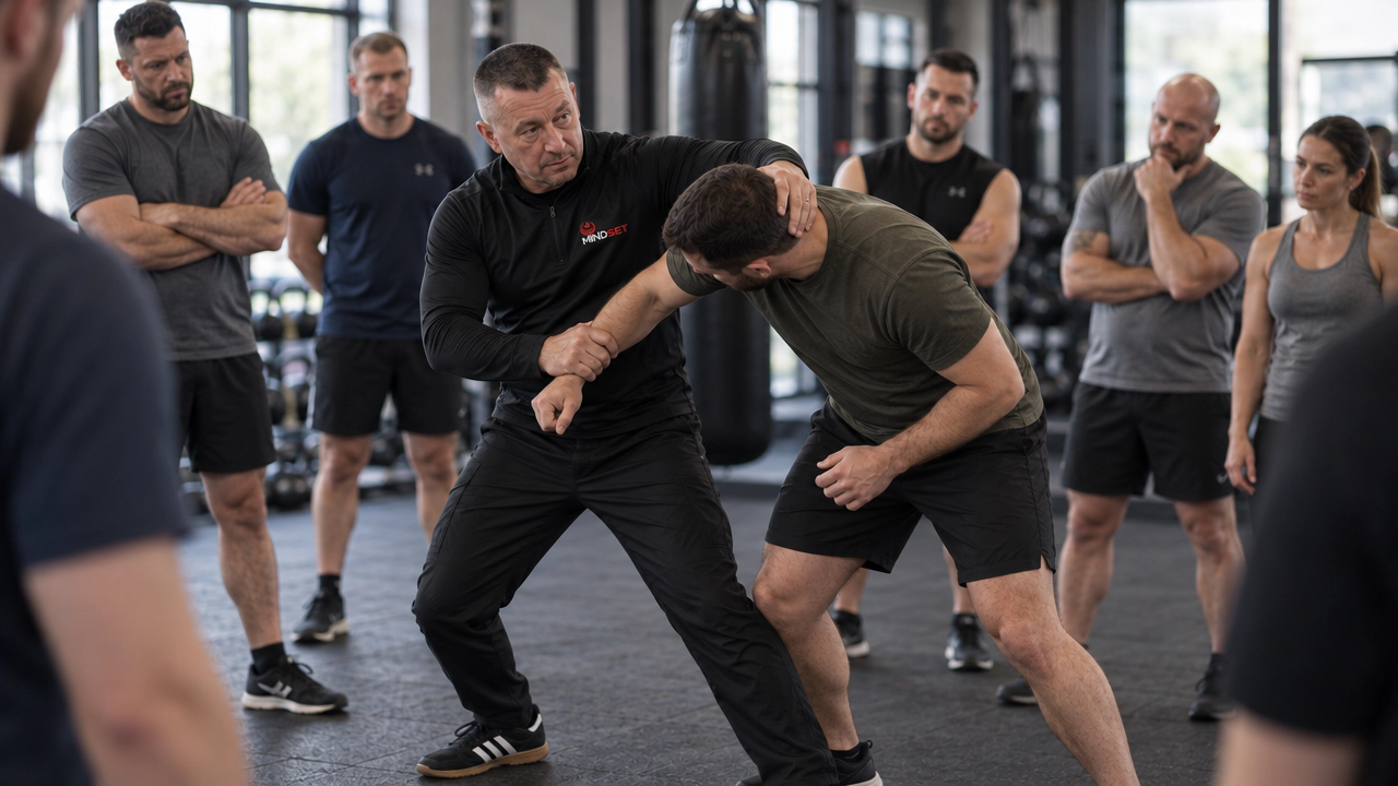 MINDSET instructor demonstrates a close quarters control technique to a group during training.