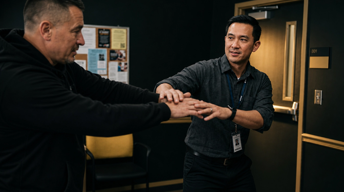 Two participants practise a hand-control technique during a corporate self-defence training session.