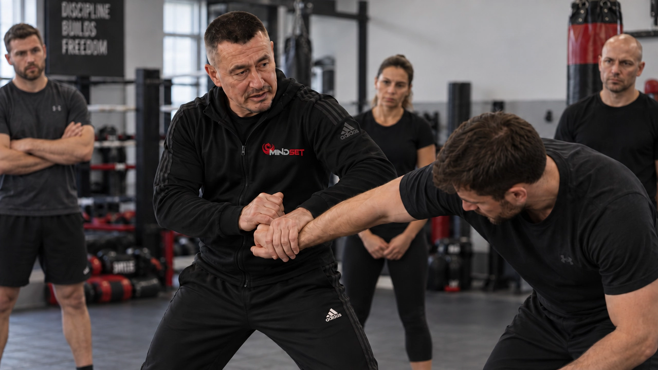 MINDSET instructor demonstrates a close-quarters control technique on a training partner as participants watch.
