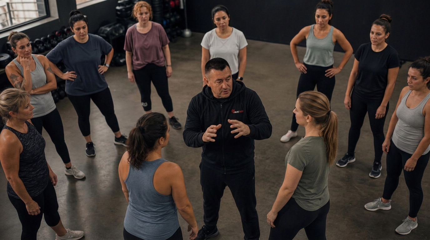 A MINDSET instructor coaches a group of women during a self-defence workshop.